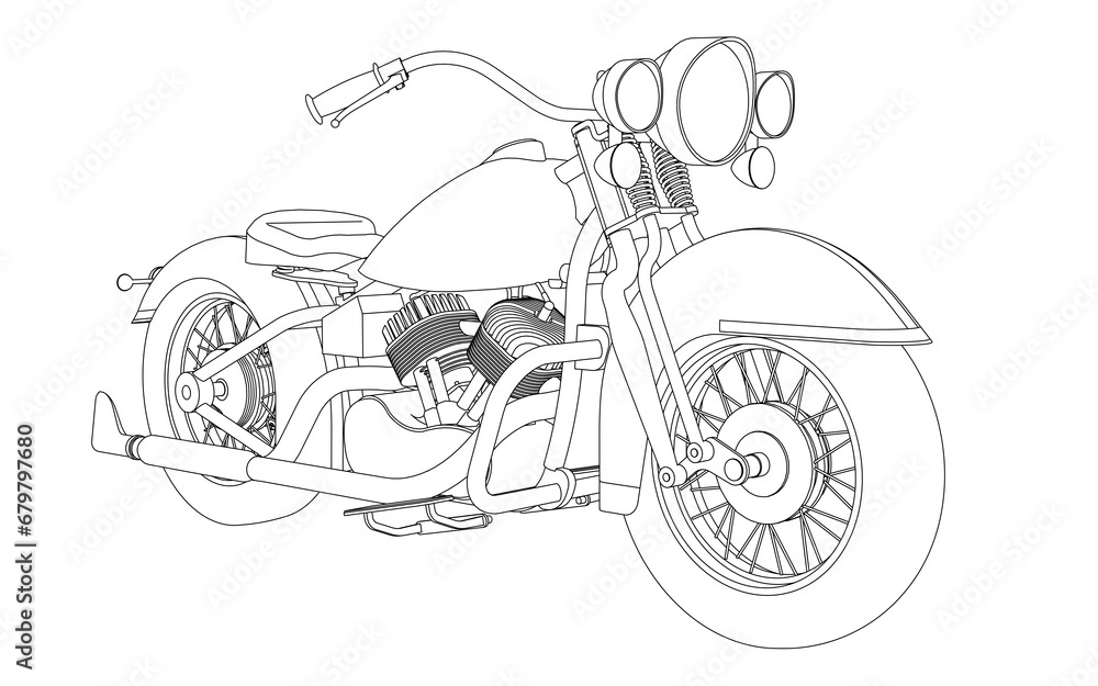 Coloring page. Line drawing of a motorbike. Classic American motorcycle in cartoon style. Coloring book for children.