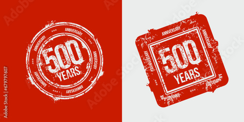 A group of 500th anniversary logos drawn as stamps, framed in red for the celebration. Grunge stamp texture. Holiday stamps. Collection of postage stamps. Vector round and rectangular stamps photo
