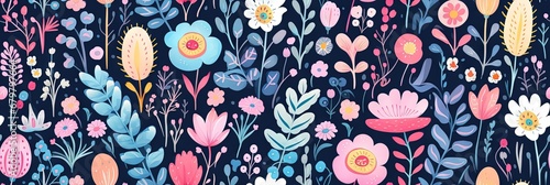 Abstract childish, cute and fun colorful dreamy garden floral seamless pattern wallpaper background with flowers and critters. Generative AI, AI