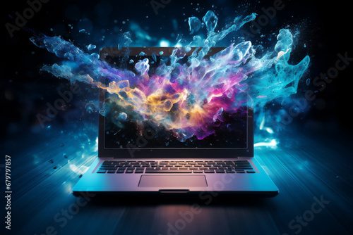 Laptop bursting with an explosion of vibrant technicolour colours causing computer stress and frustration through overwork and networking on the internet, Generative AI stock illustration image photo
