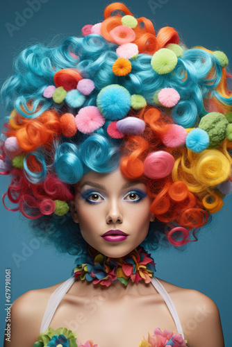 Vibrant and amusing portrait capturing donning eccentric and colorful wigs
