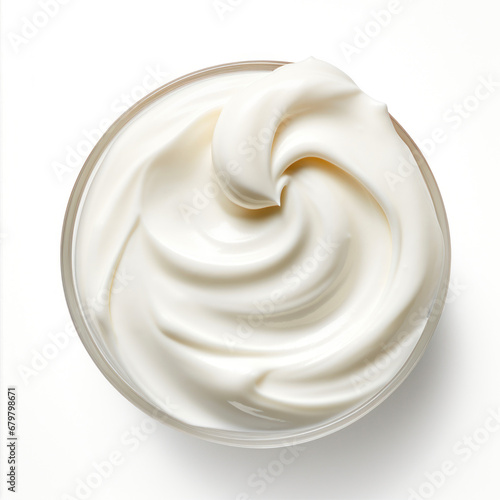 close up of a bowl of sour cream on white background with clipping path