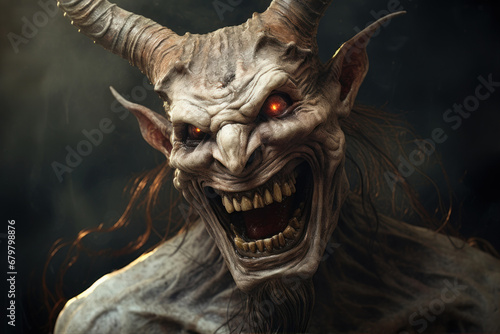 Fantasy image of a demon with horns and blood on his face © Ula