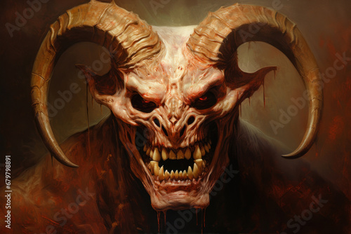 Skull of a ram with horns on a grunge background.