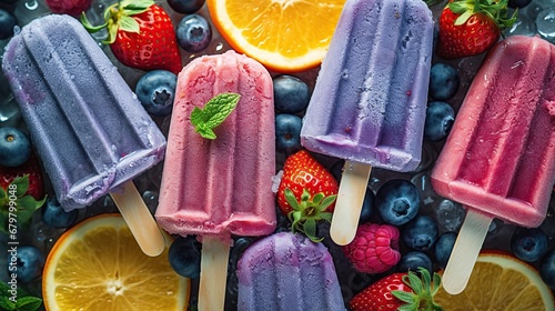 Fruit ice cream popsicles with fresh blueberries and strawberries