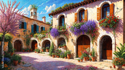 Beautiful house surrounded by flowers, mediterranean architecture oil painting on canvas. © Cobalt