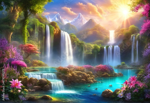 Paradise landscape with beautiful  gardens  waterfalls and flowers  magical idyllic background with many flowers in eden.