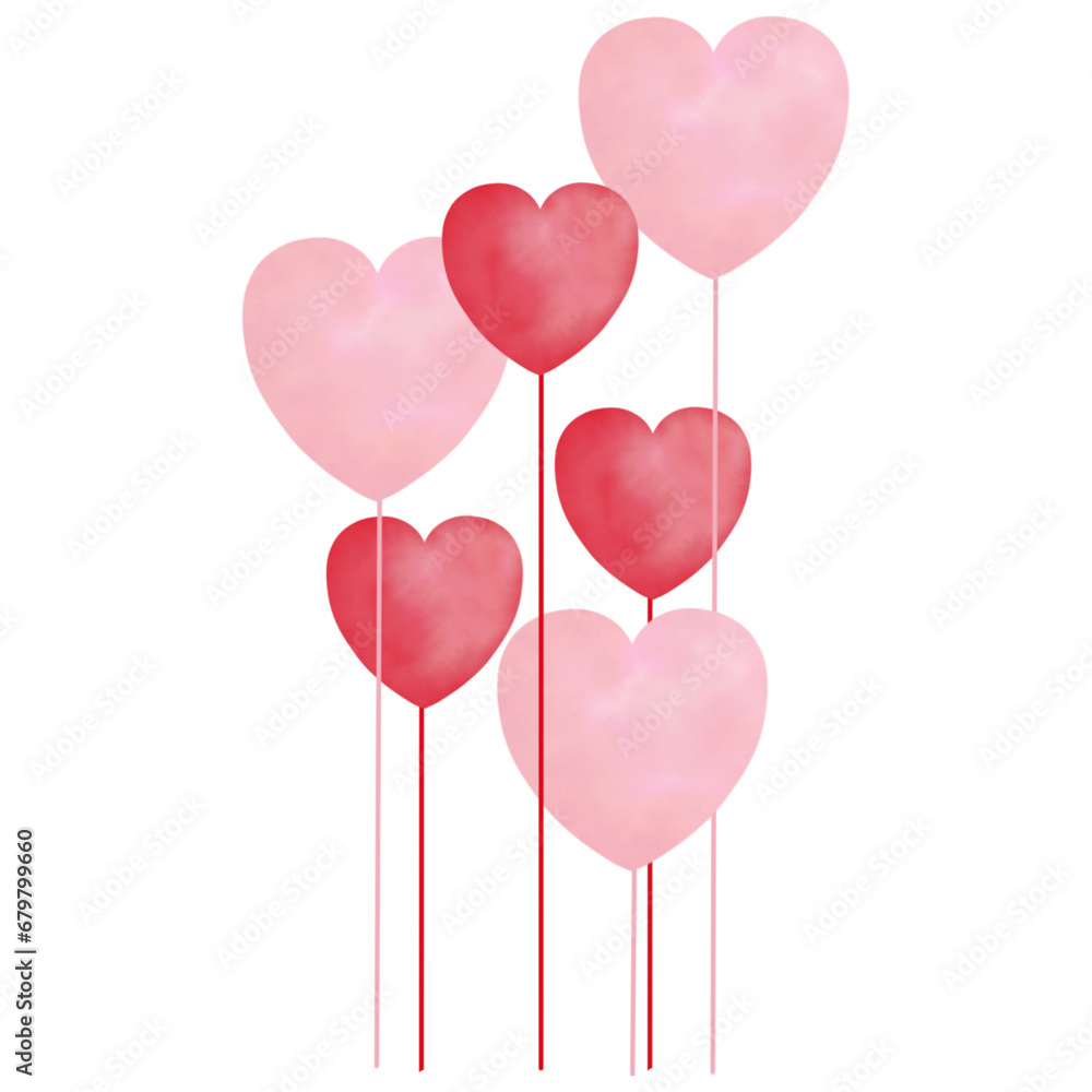 Heart balloons, pink and red, painted in watercolor, vector illustration.