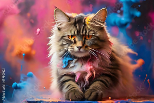 Süße brauen Katze im Farbwirbel, Splash image mit roter und blauer Farbe photo