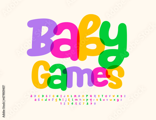 Vector artistic sign Baby Games. Watercolor playful Font. Funny bright Alphabet Letters and Numbers.