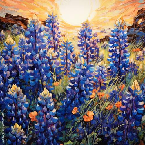 Digital oil painting of lupine flowers in the field at sunset, impasto. Printable square artwork