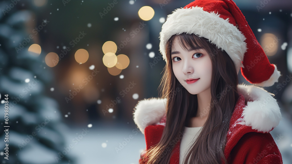 A young girl wearing a Santa costume , a girl with two knot,Looking at here. A young girl wearing a Santa costume , a girl with two knot,Looking at here.