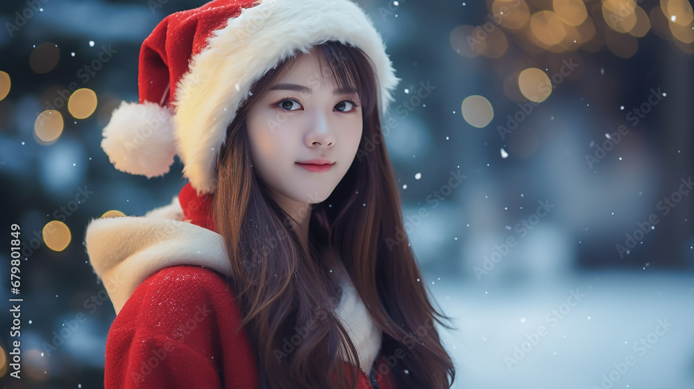 A young girl wearing a Santa costume , a girl with two knot,Looking at here. A young girl wearing a Santa costume , a girl with two knot,Looking at here.