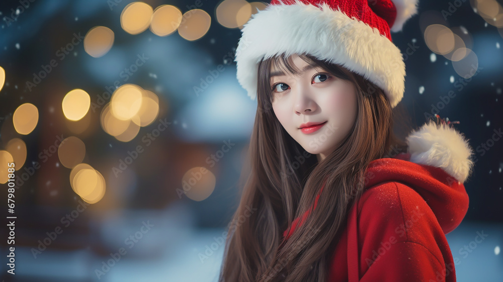 A young girl wearing a Santa costume , a girl with two knot,Looking at hereใ A young girl wearing a Santa costume , a girl with two knot,Looking at hereใ