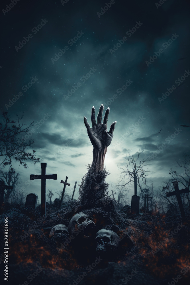 Zombie hand rising out of a graveyard in spooky night
