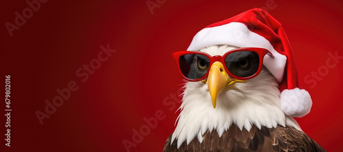 Portrait of a bald eagle wearing a Santa Claus hat and red sunglasses. Space for text or product display.