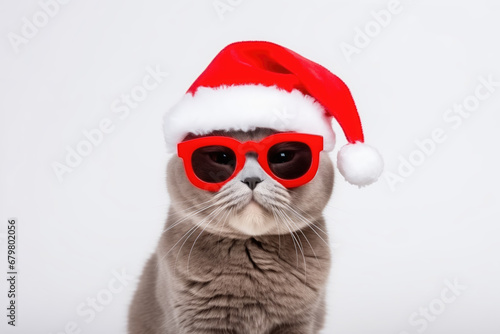 Funny cat wearing red sunglasses and santa hat on white background © Tida