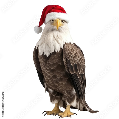 Full body of Bald Eagle in Santa Claus hat isolated on a transparent background.