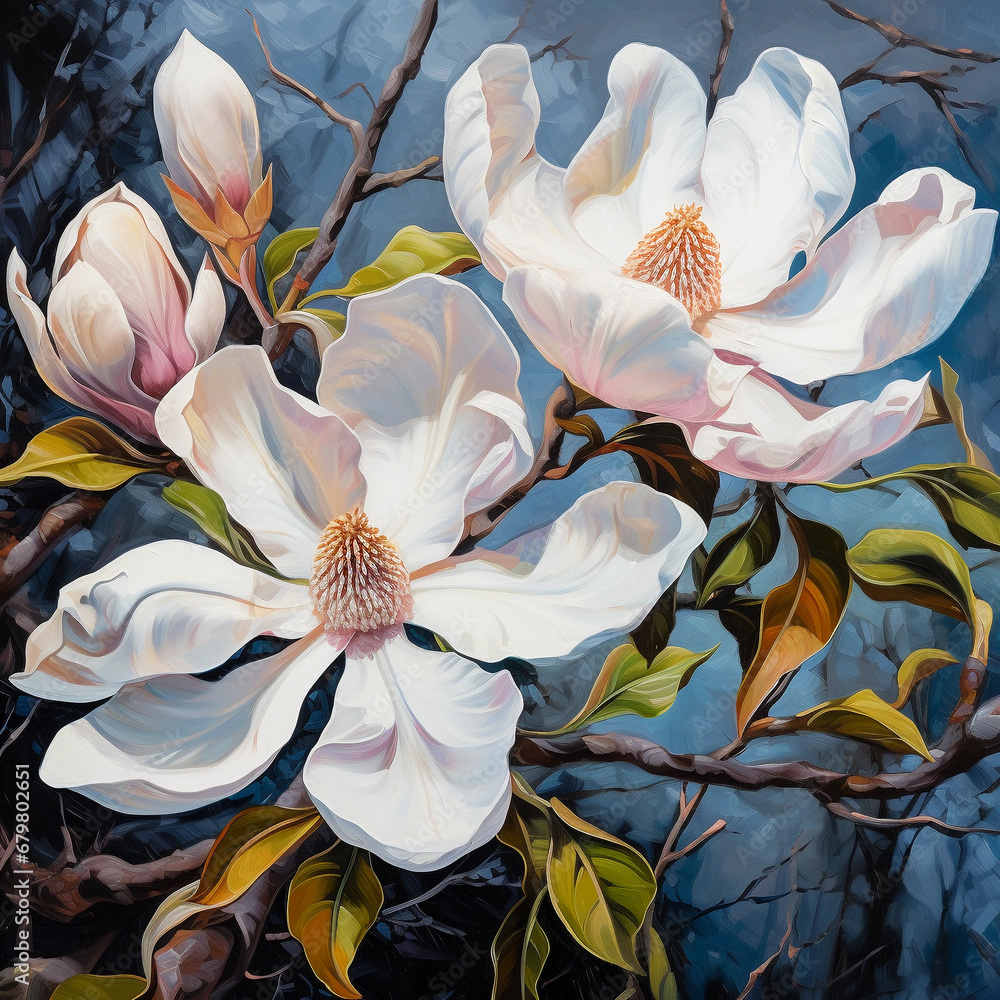 White magnolia flowers on the blue background, close-up. Digital oil painting, printable square wall art