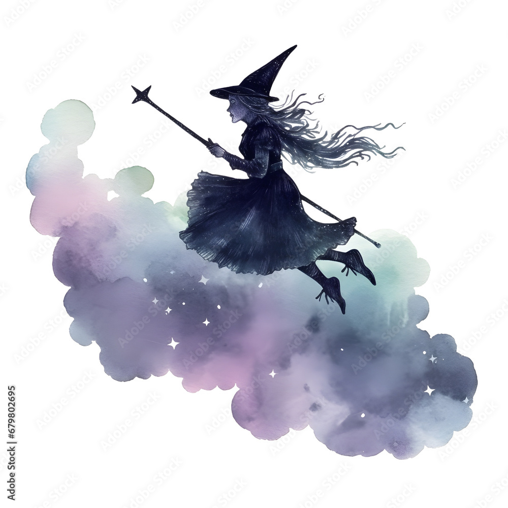 Fototapeta premium Watercolor cute clipart halloween witch flying on broom on transparent background. sublimation, tshirt, mug, pillow, tumbler, print