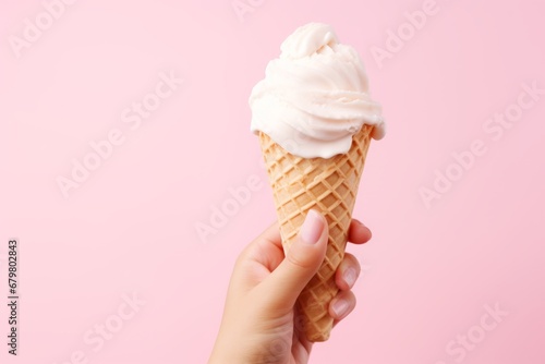 Delicious vanilla milk ice cream being held by a hand on a solid pastel color background