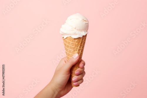 Delicious vanilla milk ice cream cone being held by a hand on a solid pastel color background