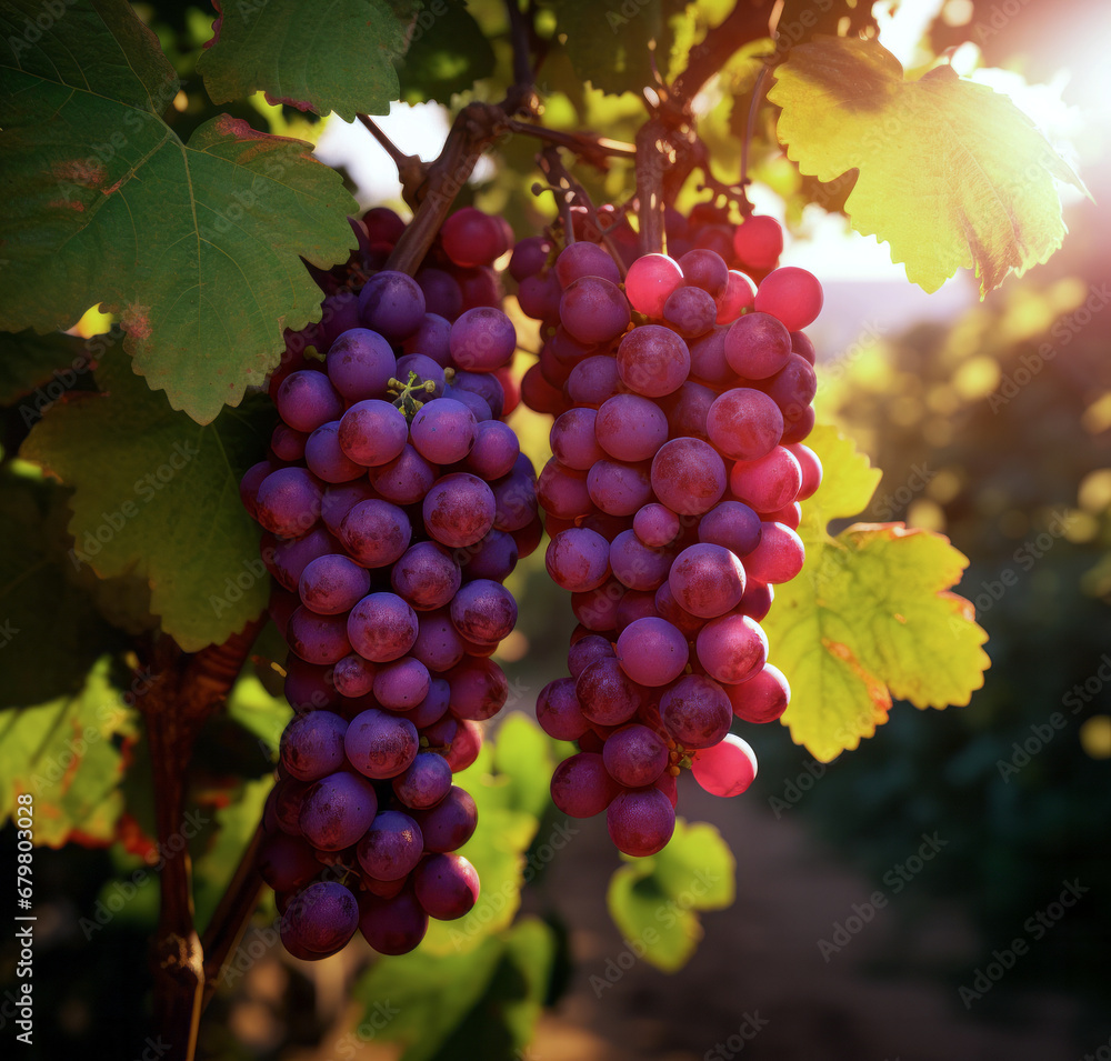 Bunches of ripe grapes in the sunshine in the countryside at sunset