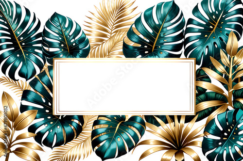 Luxury tropical exotic leaves and gold frame on white background. Generative ai