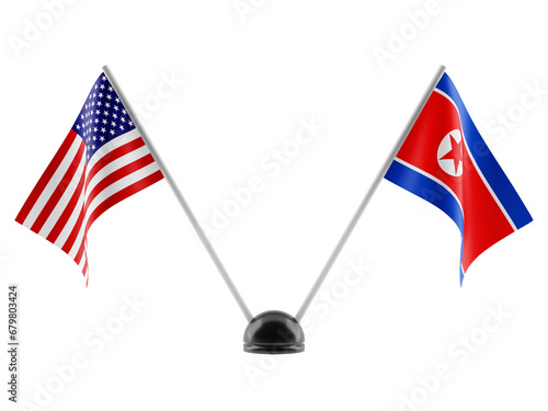 Stand with two national flags. Flags of North Korea and the USA. Isolated on a transparent background. 3d render