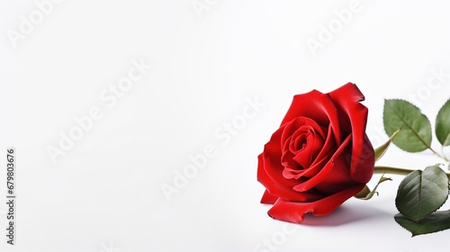 Red rose on white background with copyspace. A gift for a woman on a holiday  an invitation to a date  Valentine s Day  a sign of