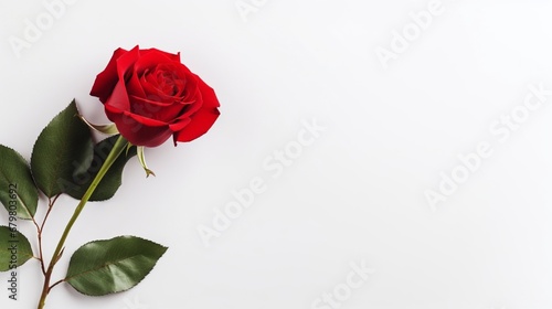Red rose on white background with copyspace. A gift for a woman on a holiday, an invitation to a date, Valentine`s Day, a sign of #679803692