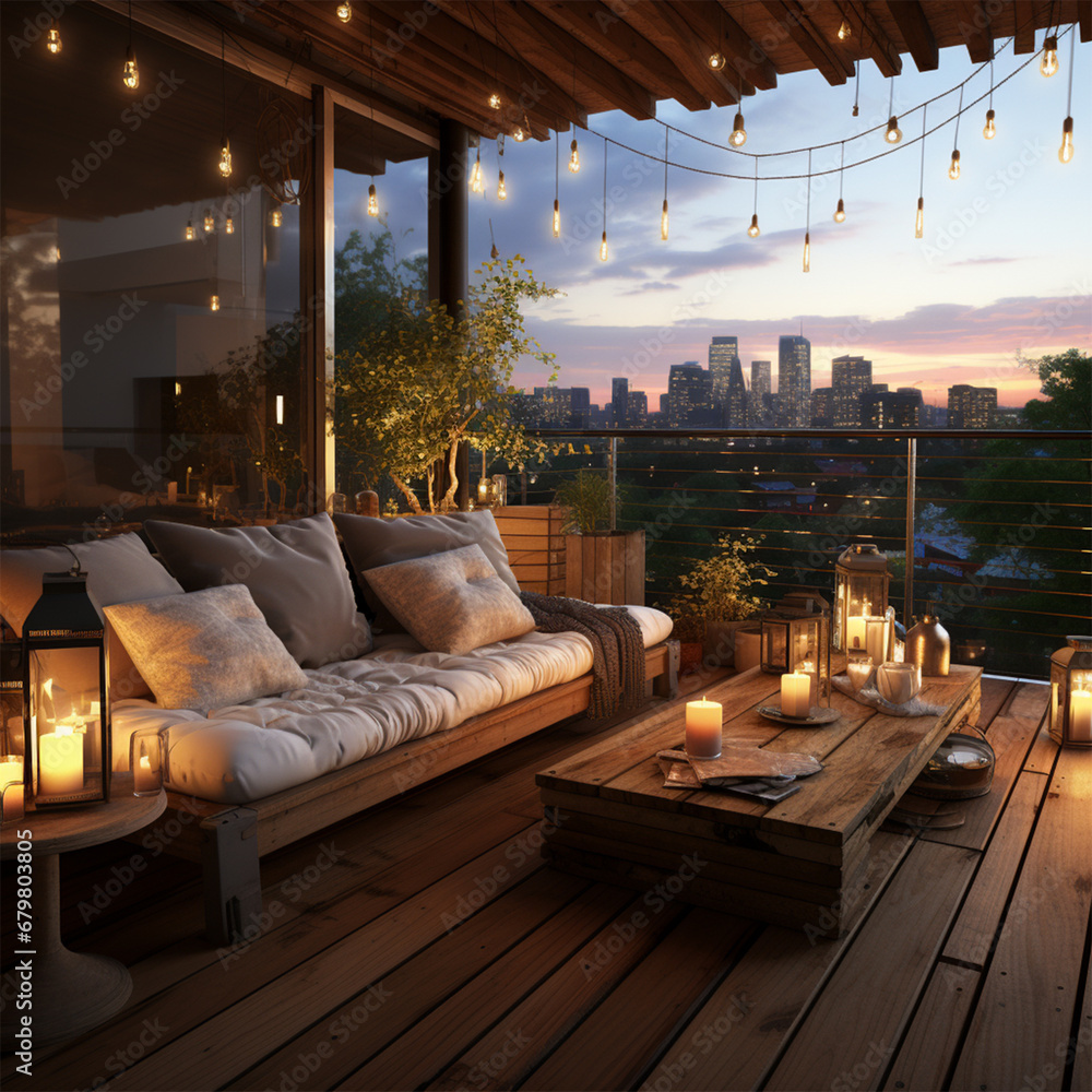 Schöner Balkon am Abend mit Sitzlounge und Tisch (Durch AI generiert) Schöner Balkon am Abend mit Sitzlounge und Tisch (Durch AI generiert)