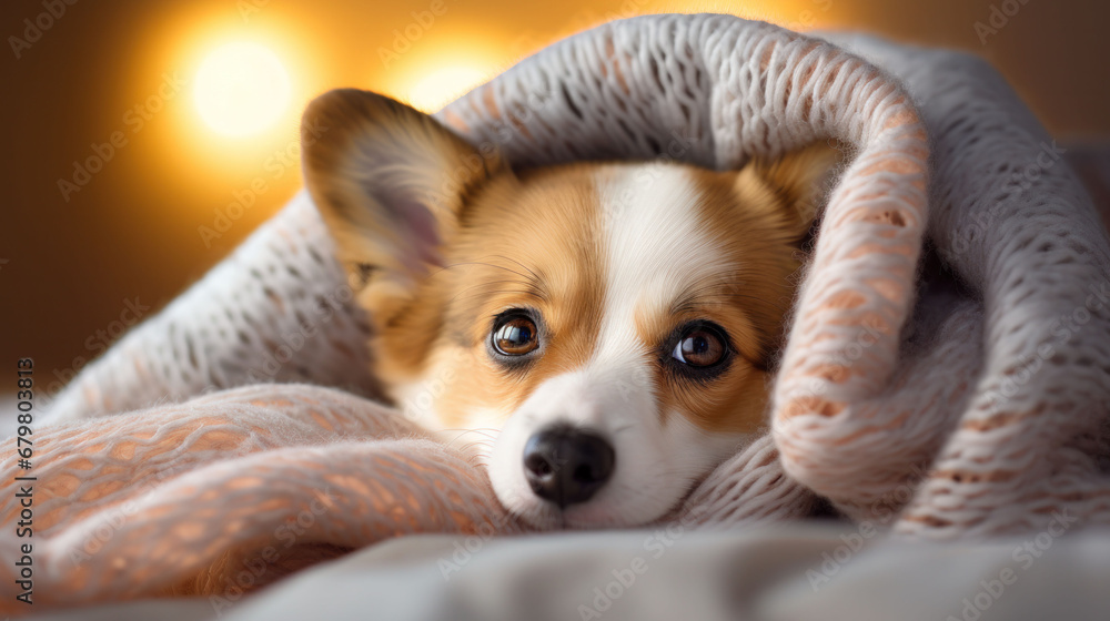 Cozy Corgi enveloped in a textured blanket, giving a soft, comforting look in a tranquil setting. Cozy Corgi enveloped in a textured blanket, giving a soft, comforting look in a tranquil setting.