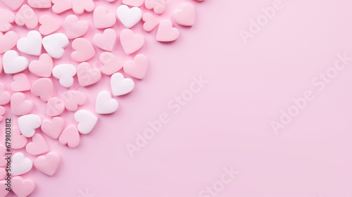 Valentine`s Day concept. Top view photo of small heart shaped candies on isolated pastel pink background with copyspace