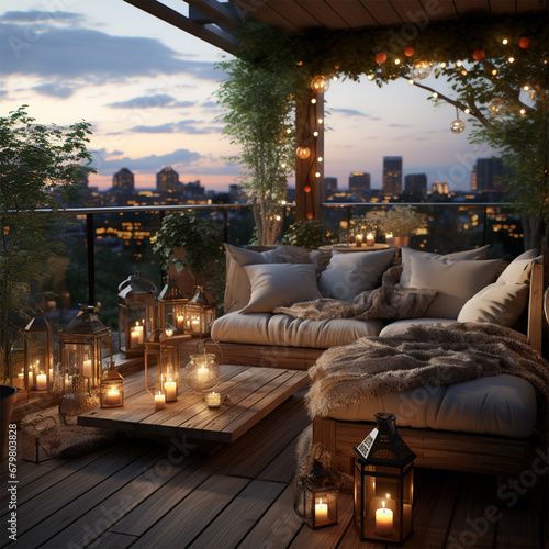 Schöner Balkon am Abend mit Sitzlounge und Tisch (Durch AI generiert)