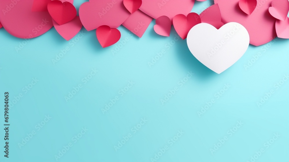 Valentine`s day background with paper heat on pink and cyan background with copyspace