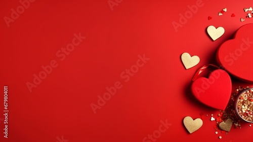Top view photo of saint valentine`s day decorations presents gift boxes on isolated red background with copyspace photo