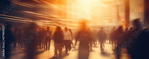 Crowd of people walking through a city at golden hour, motion blur photo