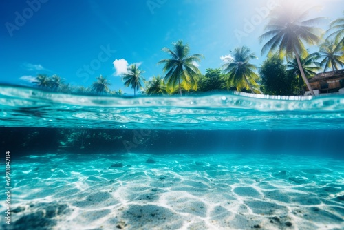 Underwater and overwater view of vibrant summer day at the beach with sea life and clear sky