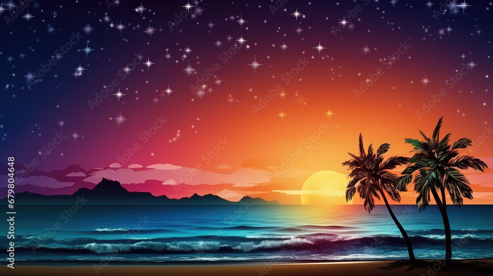 Illustration of Night beach with palm trees and starry sky.