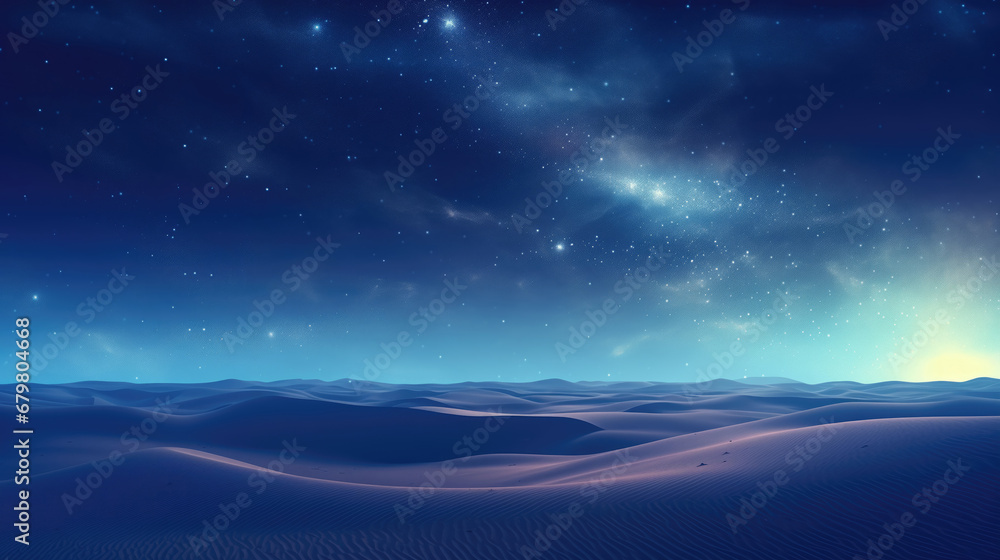 Night landscape with starry sky and sand dunes.