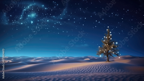 Christmas tree in the desert with starry sky.