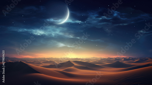 Desert landscape with moon and stars in the sky