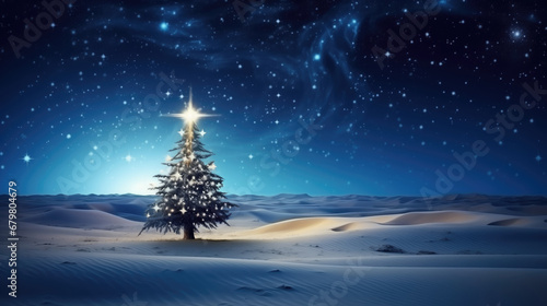 Christmas tree in the desert with starry sky and snowflakes