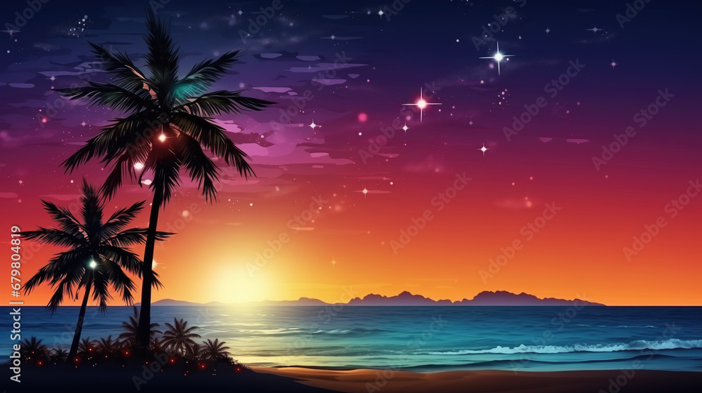 Tropical beach at sunset with palm trees and starry sky
