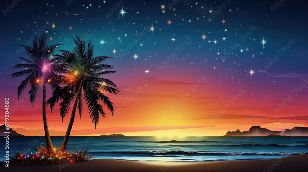 Illustration of sunset on the beach with palm trees and starry sky