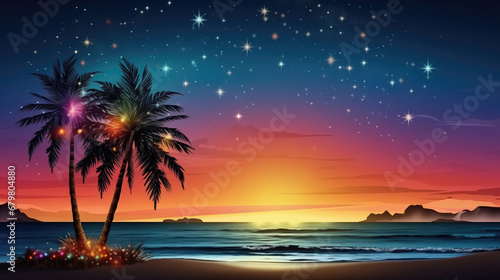 Illustration of sunset on the beach with palm trees and starry sky © Tida