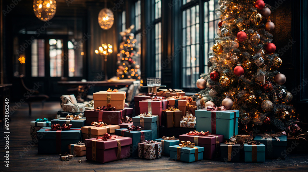 Festively Wrapped Presents Arranged under the Christmas Tree. Generative AI.