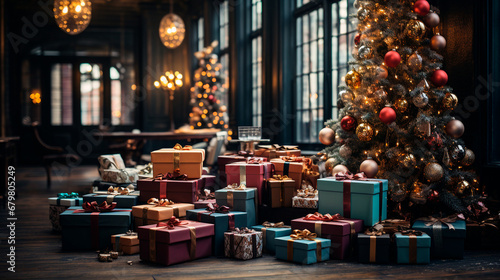 Festively Wrapped Presents Arranged under the Christmas Tree. Generative AI.