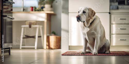 The Labrador retriever dog is sitting in the kitchen and waiting for food. Design and advertising of animal products, banner photo